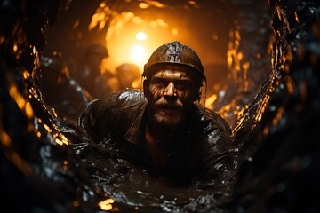 Mine flooding, frightened miners get out of the mine. - obrazy, fototapety, plakaty