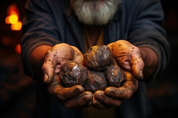 A man holds black coal in his hands close-up.