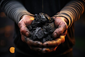 A man holds black coal in his hands close-up. - obrazy, fototapety, plakaty