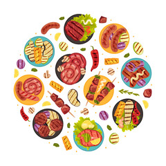 Grill Food Round Composition Design with Roasted Barbecue Meal Vector Template