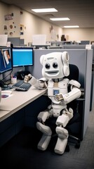 A robot sitting at a desk in an office. Generative AI.
