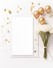 White paper with gold balloons and confetti on white background. Generative AI.