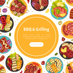 Grill Food Banner Design with Roasted Barbecue Meal Vector Template