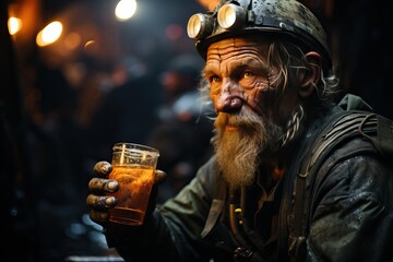 Obraz premium A miner drinks juice, the mine tunnel in the background, rest after work.