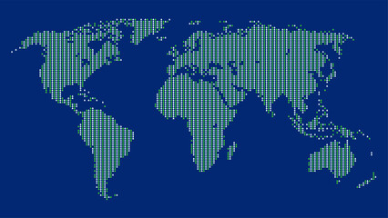 Abstract rows of Christmas trees arranged to form the Robinson projection World map, isolated on dark blue background. Vector Illustration.