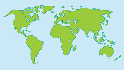 Easy Sketch Doodle style Robinson projection World map, green isolated on the light blue ocean background. Vector Illustration. - obrazy, fototapety, plakaty