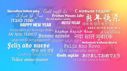 Composition of "Happy New Year" messages in world different written languages, White texts on World map and gradient background