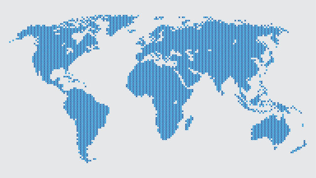 Cross stitch pattern arranged to form the Robinson projection World map, dark and light blue isolated on white background. Vector Illustration.