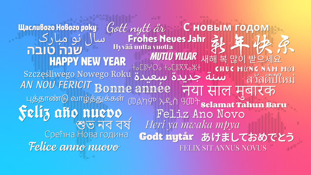 Composition of "Happy New Year" messages in world different written languages, White texts on World map and gradient background