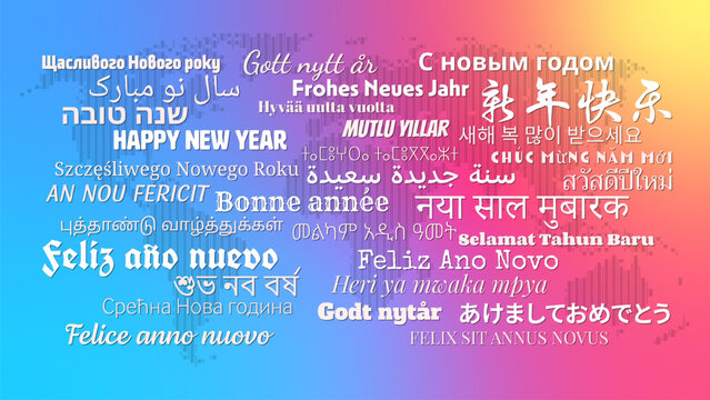 Composition of "Happy New Year" messages in world different written languages, White texts on World map and gradient background