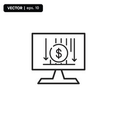 down investment icon, display on computer, investment icon, Vector line icon isolated on white background. Symbol of successful business financial investment