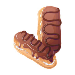 Chocolate eclairs in cartoon style. Vector illustration for poster, banner, website, advertisement. Vector illustration with colorful sweet dessert.