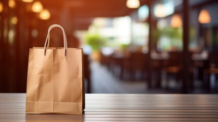 Brown paper shopping bag on wood table with shopping mall blur background