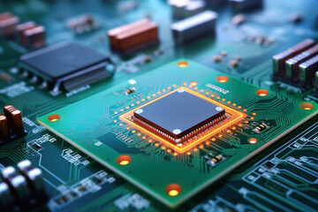 Motherboard of a computer or other electronic equipment. Close-up. Powerful multi-core processor.