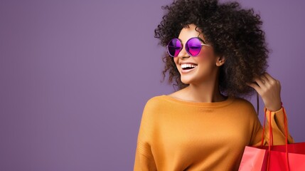 Cheerful chubby woman enjoying shopping looking at camera on purple color background  - obrazy, fototapety, plakaty