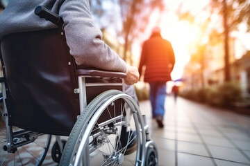 Obraz premium An elderly person with disabilities in a wheelchair in an autumn park. Old age. Walking in a wheelchair in the park.