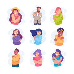 People Hug Themselves Taking Care and Show Importance of Oneself Vector Set