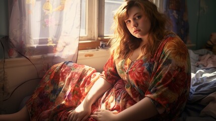 chubby woman, 20 years old, wearing a loose nightgown sitting on a bed, 