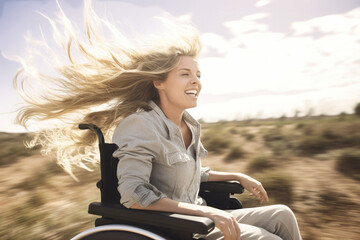 A disabled woman in a wheelchair enjoys life and the wind, her hair fluttering in the wind. Speed up and movement. Thirst for life and success.