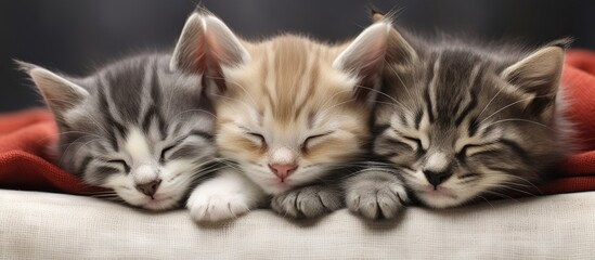Cute gray and red domestic kittens sleeping with their cat. - obrazy, fototapety, plakaty
