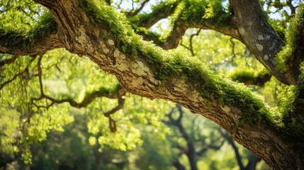 Close up majestic old oak tree giving shade in the springtime, 
