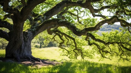 Close up majestic old oak tree giving shade in the springtime, 