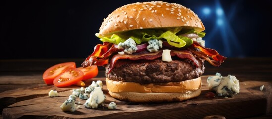 Bleu cheese and bacon on wooden table with gourmet burgers. - Powered by Adobe