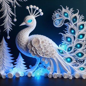 Another 3D illuminated icy felt quilling bird peecock, with radiant feathers reflecting moonlight, intricate paper-like details on its body, surrounded by a mystical garden filled 