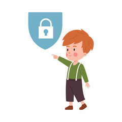 Cute boy point finger up, web icon of lock, cartoon vector on white