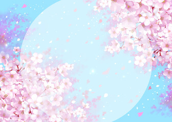 桜と青空の背景素材　円形の枠　桜吹雪　お花見　入学　卒業　入園　卒園　入社　ひな祭り　雛祭り