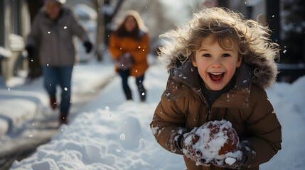 A child plays snowballs with his parents outside in winter