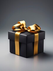 Black gift box with golden ribbon and bow on gray background.