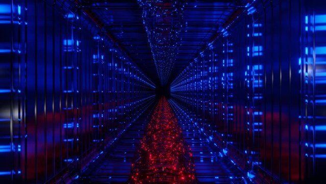 movement inside a square endless tunnel with red and blue backlighting. looping abstract animation. 3d render