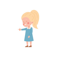 Cute blonde girl hand pointing forefinger on the left side and laughing, vector funny child makes a gesture showing