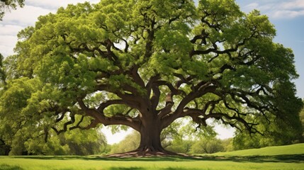 Mighty oak tree ,Lonely green oak tree in the field,Old big tree in the park - Powered by Adobe