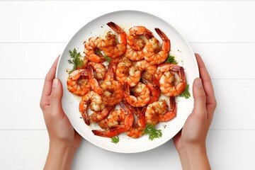 Grilled shrimp on plate, top view, hands holding plate