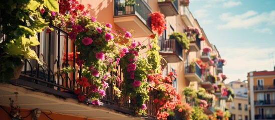 Flower-filled balconied buildings.