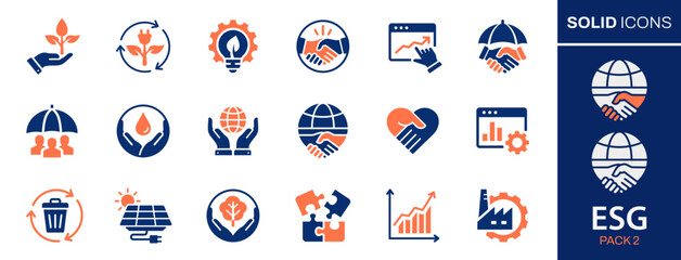 ESG icons, such as ecology, environment social governance, business, sustainable development and more.