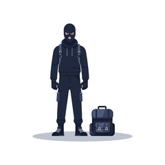 Mysterious man in black outfit and ski mask flat design vector illustration.