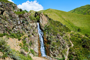Turgen Bear Waterfall. Turgen Bear Waterfall is located on the territory of the Ile-Alatau National Park. Kazakhstan. Almaty region. Blur effect.