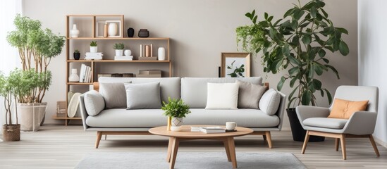 High quality photo of an elegant scandinavian living room with a grey sofa, furnishings, plants, and personal accessories.