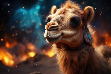 Camel in dune in a desert at night with moonlight. Milky Way galaxy. Illustration Generative AI