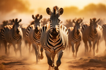 Zebras in african savannah. Created with Generative AI