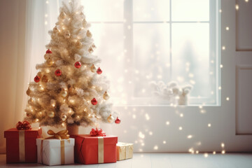 Fototapeta na wymiar Decorated Christmas tree in a room. Illustration Generative AI