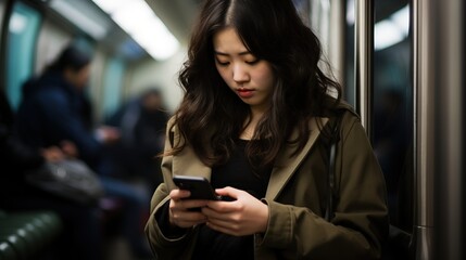 Candid morning shot of a woman using her smartphone during her subway commute, engrossed in work and connectivity