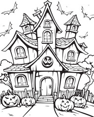 haunted halloween house coloring page illustration 