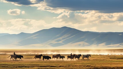 Fototapeta na wymiar A group of ranchers herding cattle across vast plains