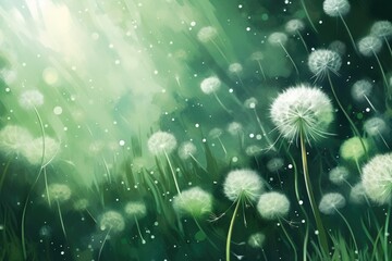 Interior illustration of dandelions. Background with dandelions for wallpaper on the wall in green tones.