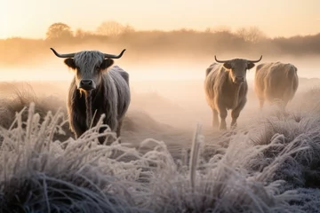 Fotobehang Highland cows gazing away in winter scenery, foggy morning © kardaska