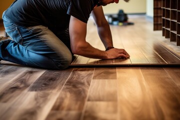 Male construction worker installing laminate timber flooring in new flat. Home renovation concept. - obrazy, fototapety, plakaty